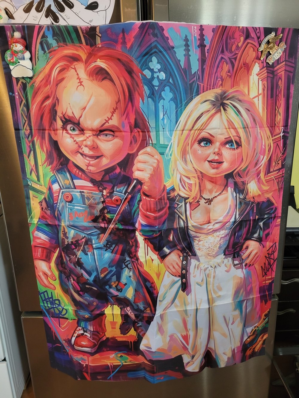 🧋NEW🧋Colorful Chucky & Tiffany Wall Tapestry - Vibrant Red and Blonde Artwork